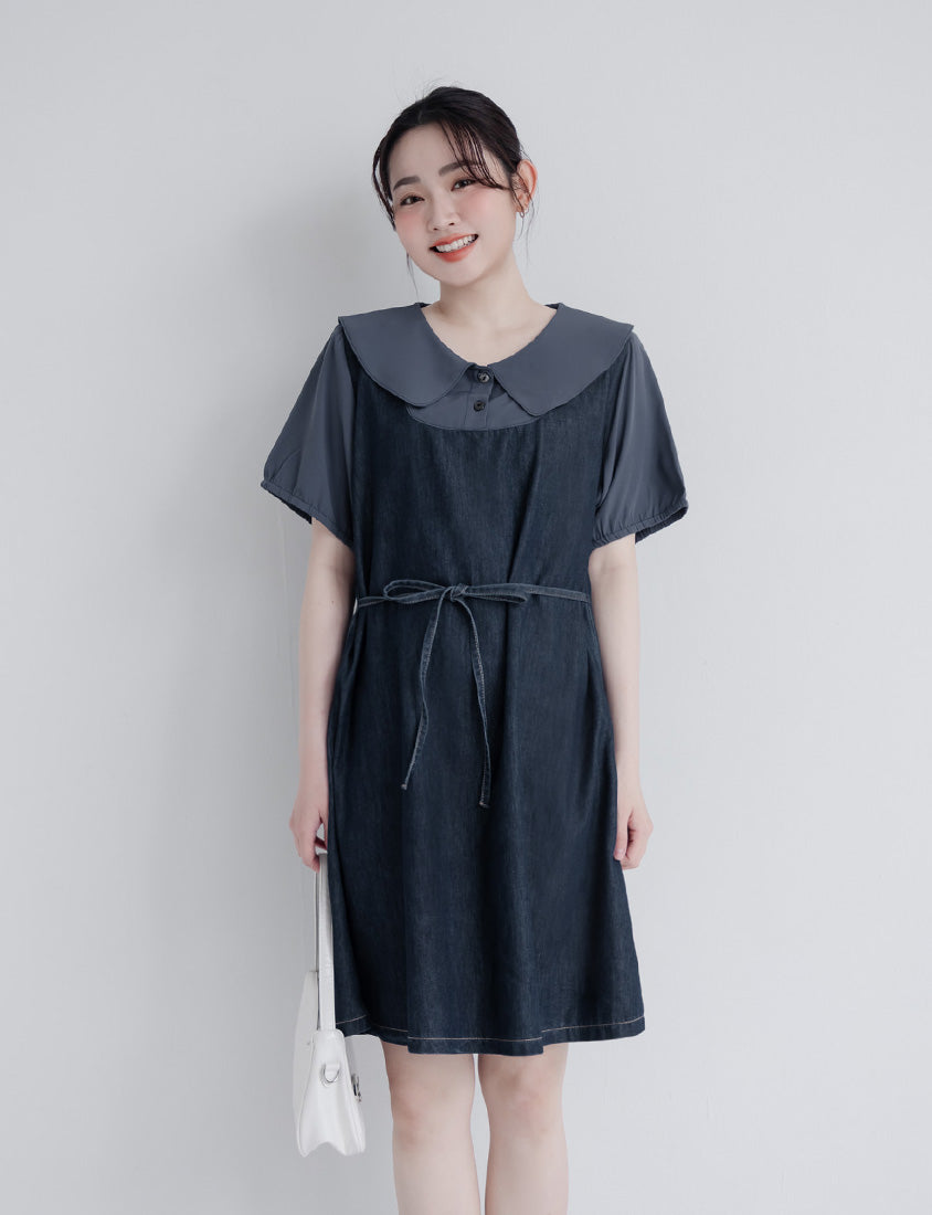 Faux Two-Piece Denim Collar Waist-Tie Plus Size Dress