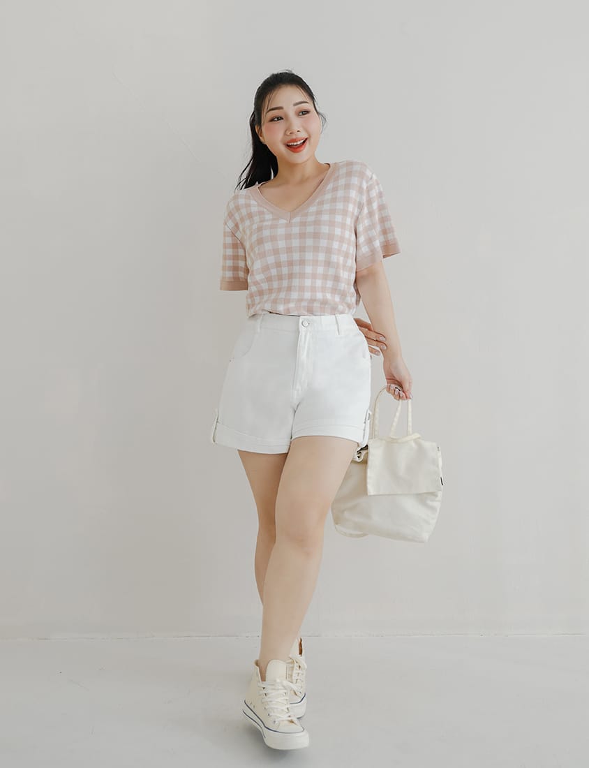 Plaid V-Neck Knit Plus Size Short Sleeve Top