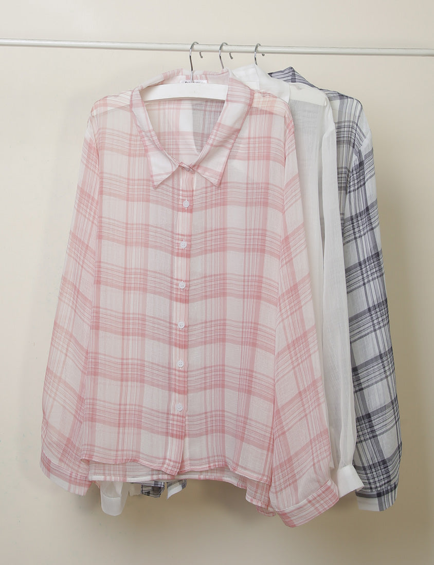 Crinkled Texture Sheer Plaid Plus Size Long Sleeve Shirt