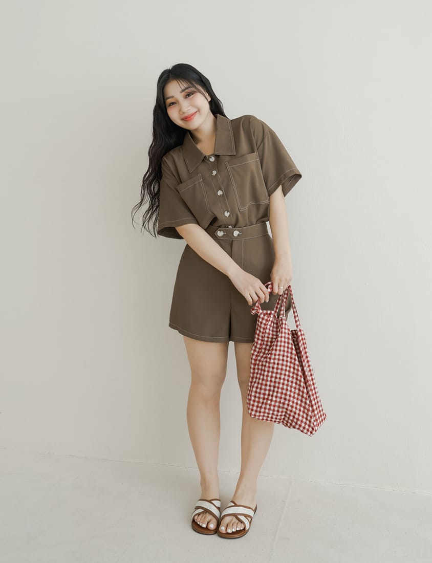 Color-Block Stitching Waistband Twill Plus Size Shorts