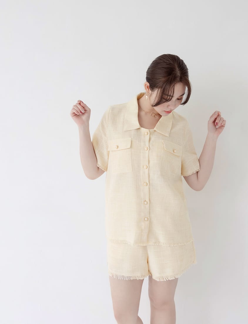 MISS. Tweed Fringe Trim Pearl Button Plus Size Blouse