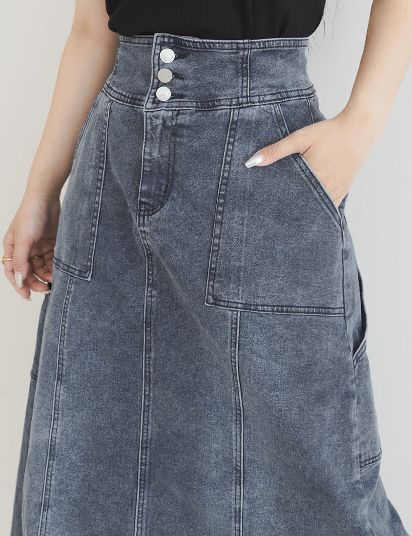 MUA! Ultra-Stretch Back Slit High-Waist Washed Denim Plus Size Maxi Skirt