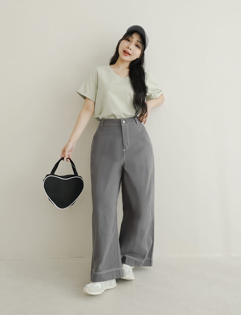 Color-Block Stitched Twill Cotton Straight-Leg Plus Size Pants
