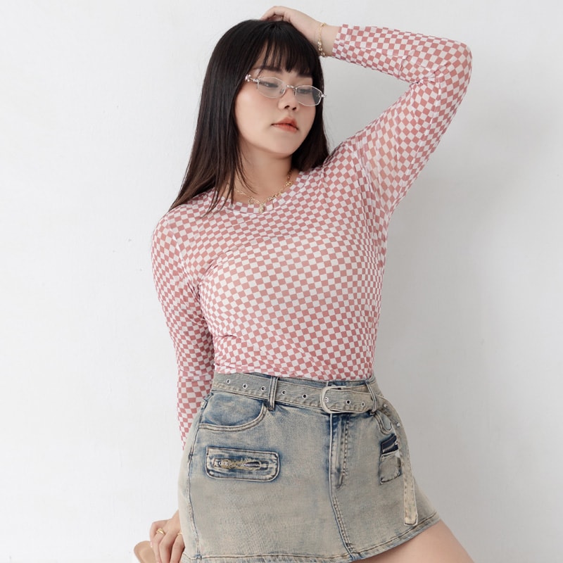MUA! Sexy Checkered Mesh Long Sleeve Plus Size Top