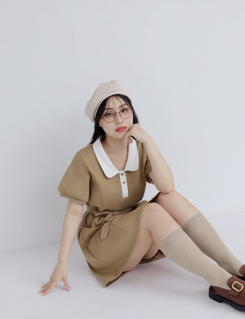 Color-Block Polo Collar Plus Size Mini Dress (With Belt)