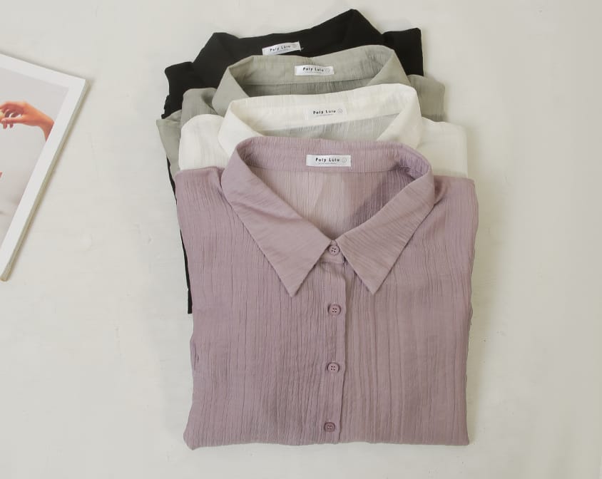 Crinkled Texture Sheer Tie-Back Plus Size Long Sleeve Shirt