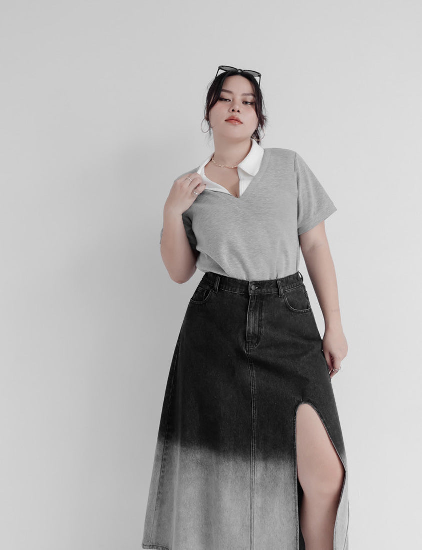 MUA! Space Cotton Color-Block Zipper Faux Two-Piece Plus Size Top
