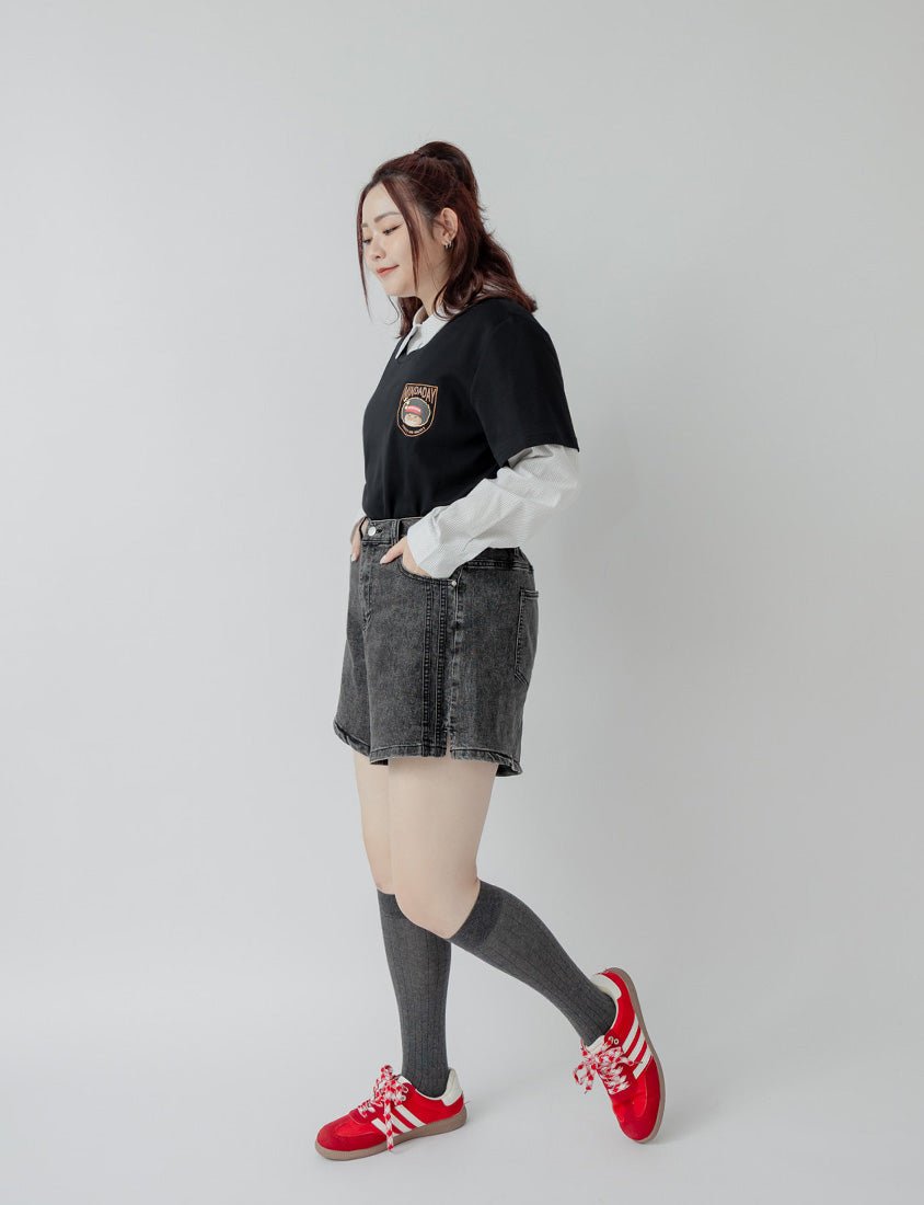Varsity Contrast Plus Size Denim Shorts
