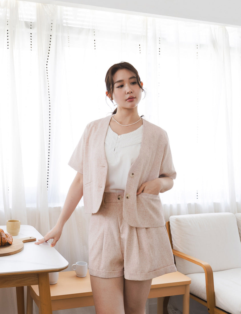MISS. Wrinkle-Resistant Soft Linen Collarless Blazer Plus Size Jacket