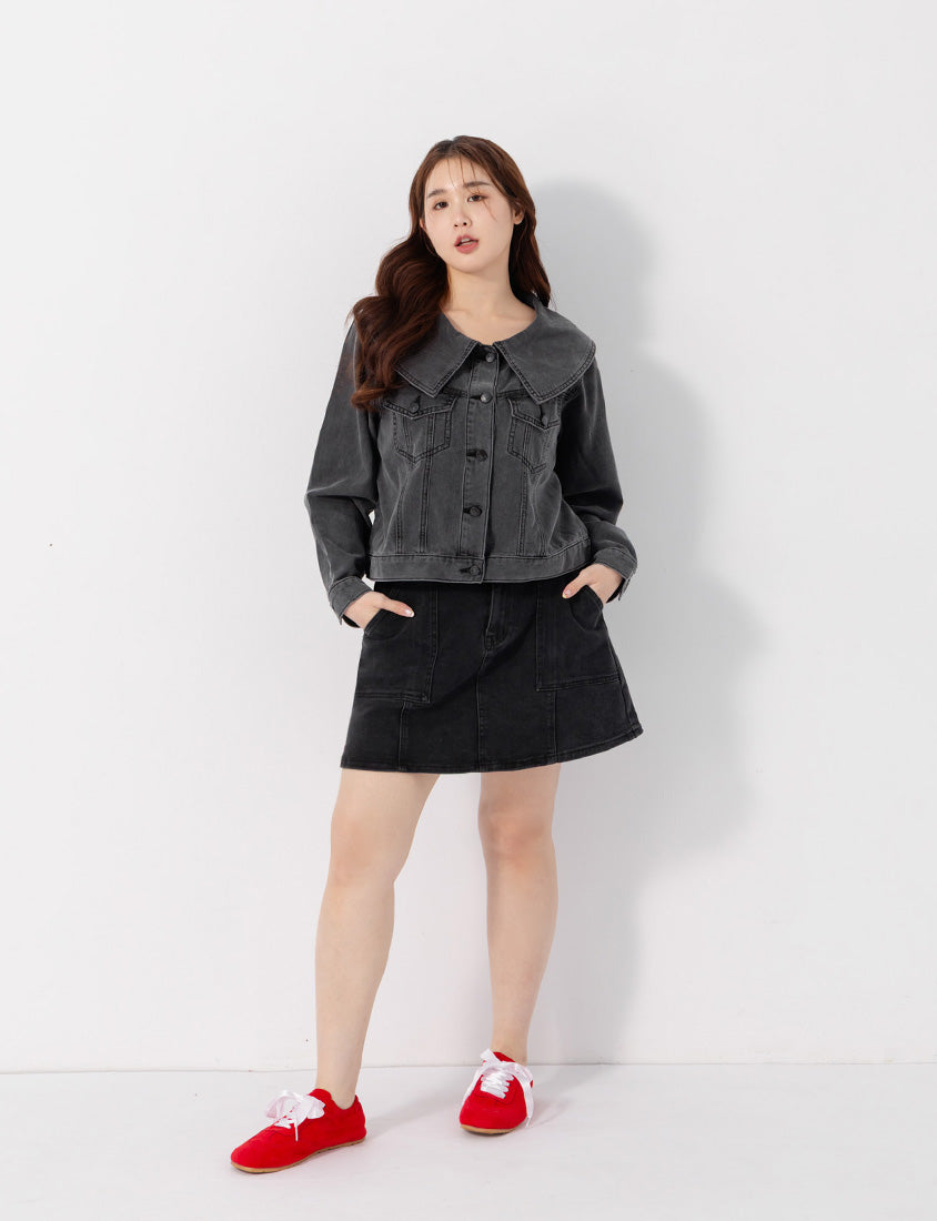 Korean Style Statement Collar Button-Down Plus Size Denim Jacket