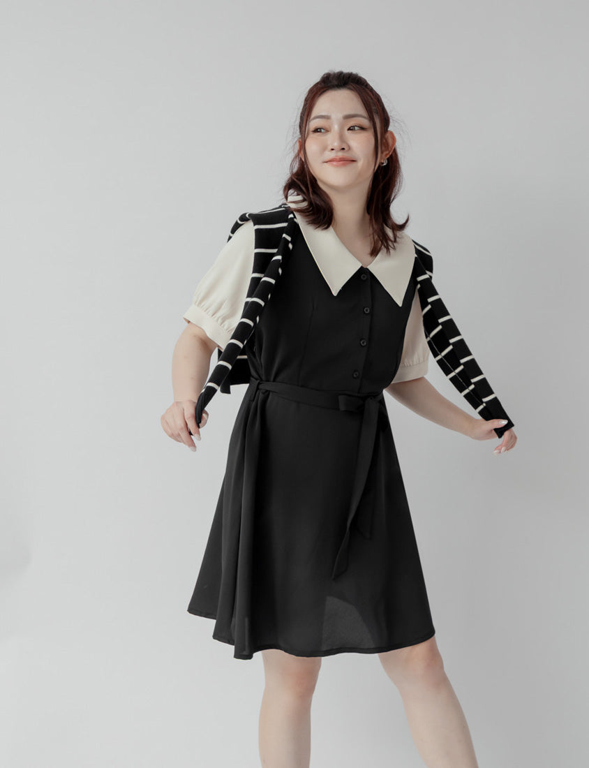 Layered-Look Contrast Collar Plus Size Mini Dress (with Belt)