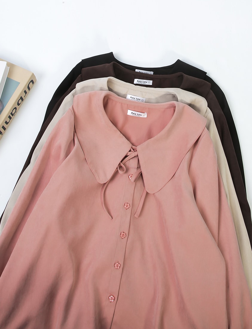 Sweet Multicolor Collar Tie Puff Sleeve Plus Size Shirt