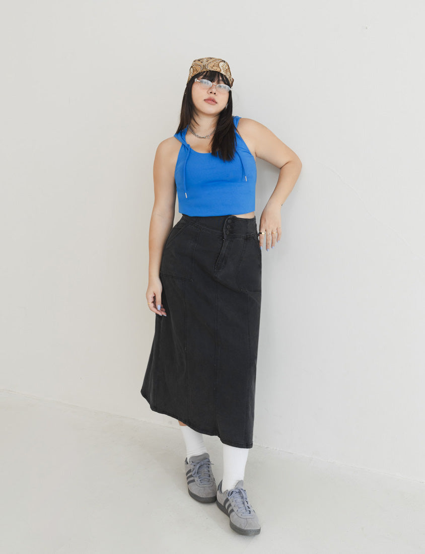 MUA! Ultra-Stretch Back Slit High-Waist Washed Denim Plus Size Maxi Skirt