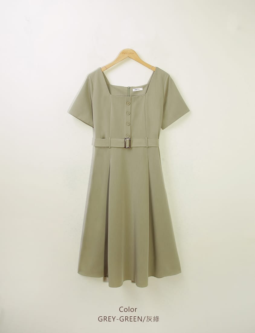 MISS. Square Neck Faux Button Elegant Plus Size Long Dress (With Belt)
