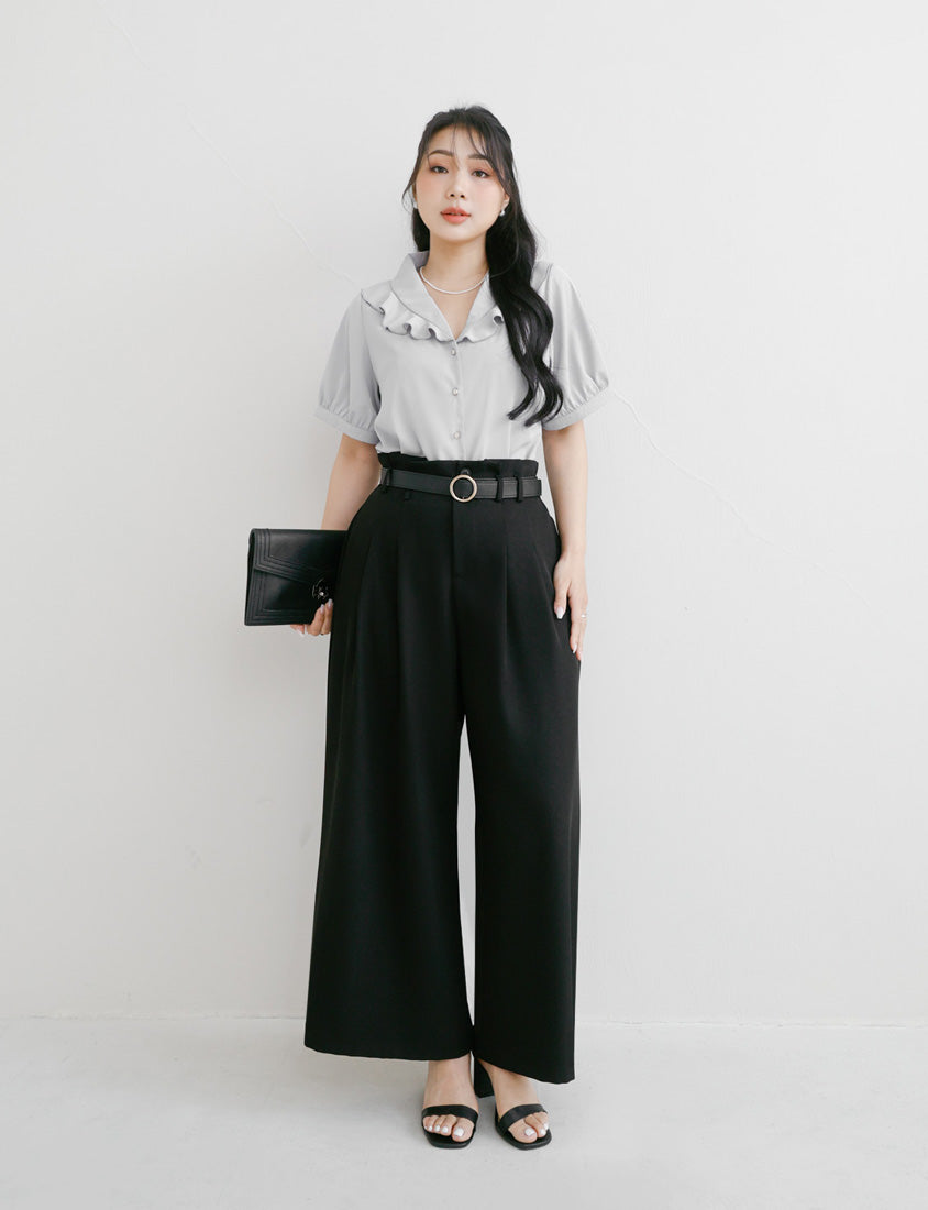 MISS. High-Waisted Bubble Hem Wrinkle-Free Belted Plus Size Wide-Leg Pants