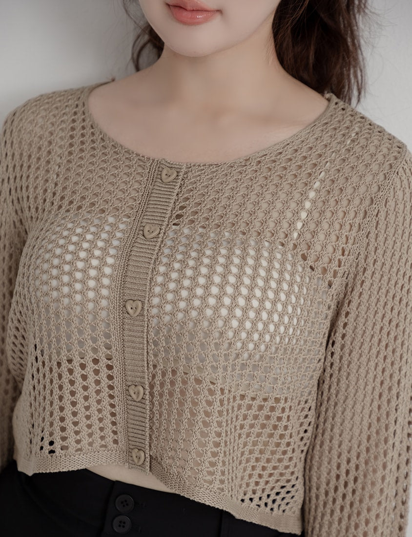 Knit Eyelet Hollow Faux Button Plus Size Top