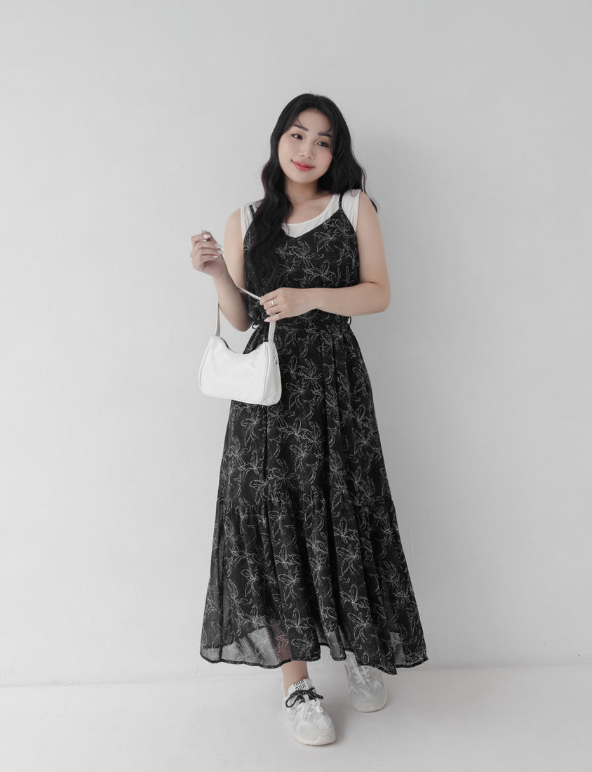 Adjustable Hand-Painted Floral Cami Dress (with Waist Tie)