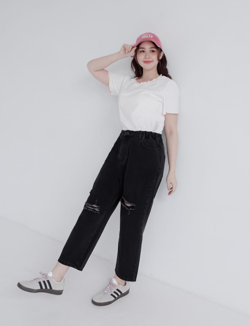Distressed Side Elastic Waist Plus Size Boyfriend Jeans