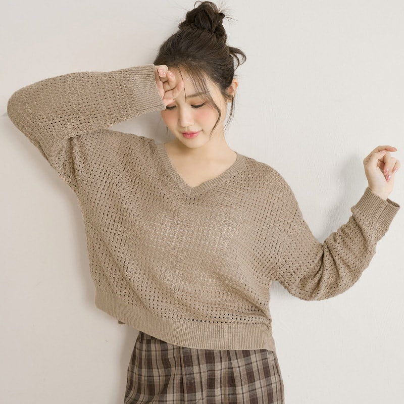 Anti-Pilling V-Neck Eyelet Plus Size Knit Top