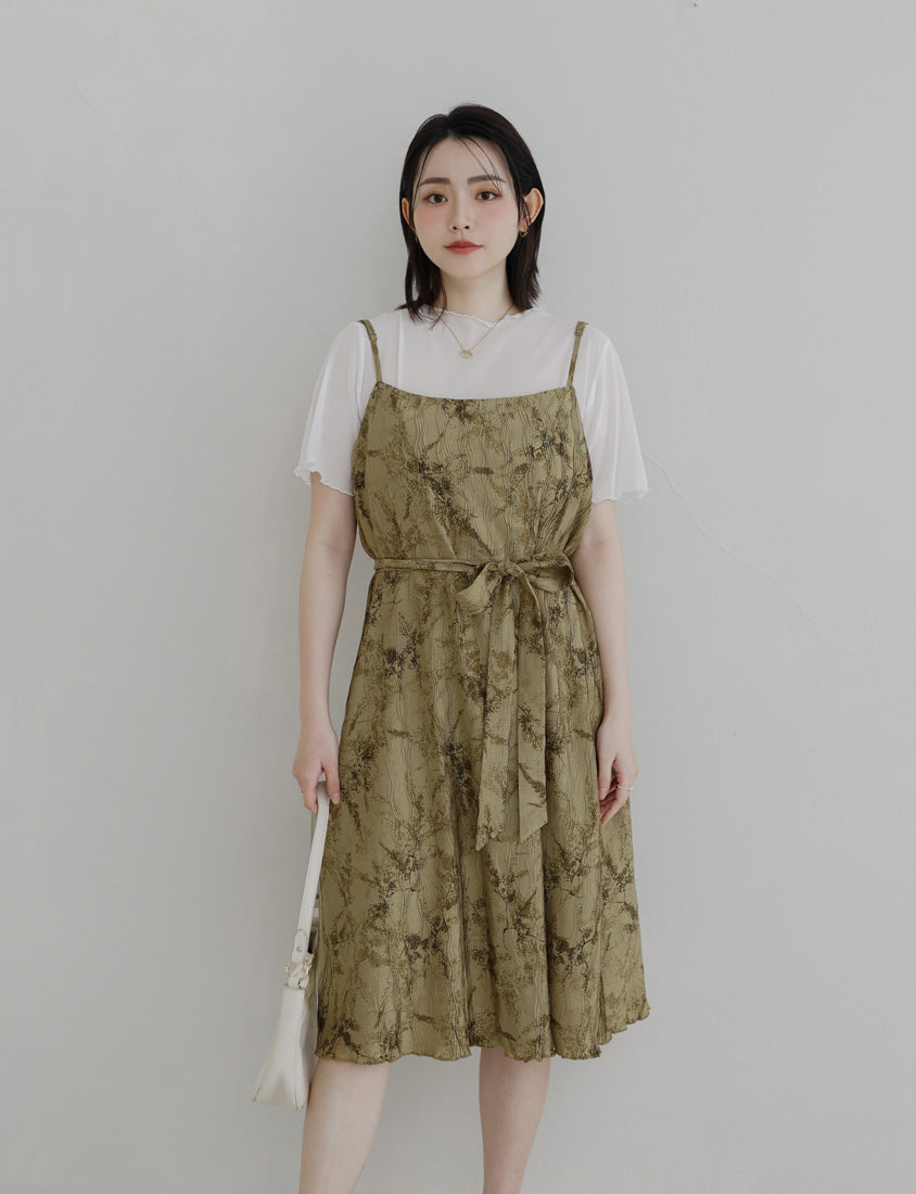 MISS. Wavy Textured Adjustable Strap Plus Size Dress (with Belt)