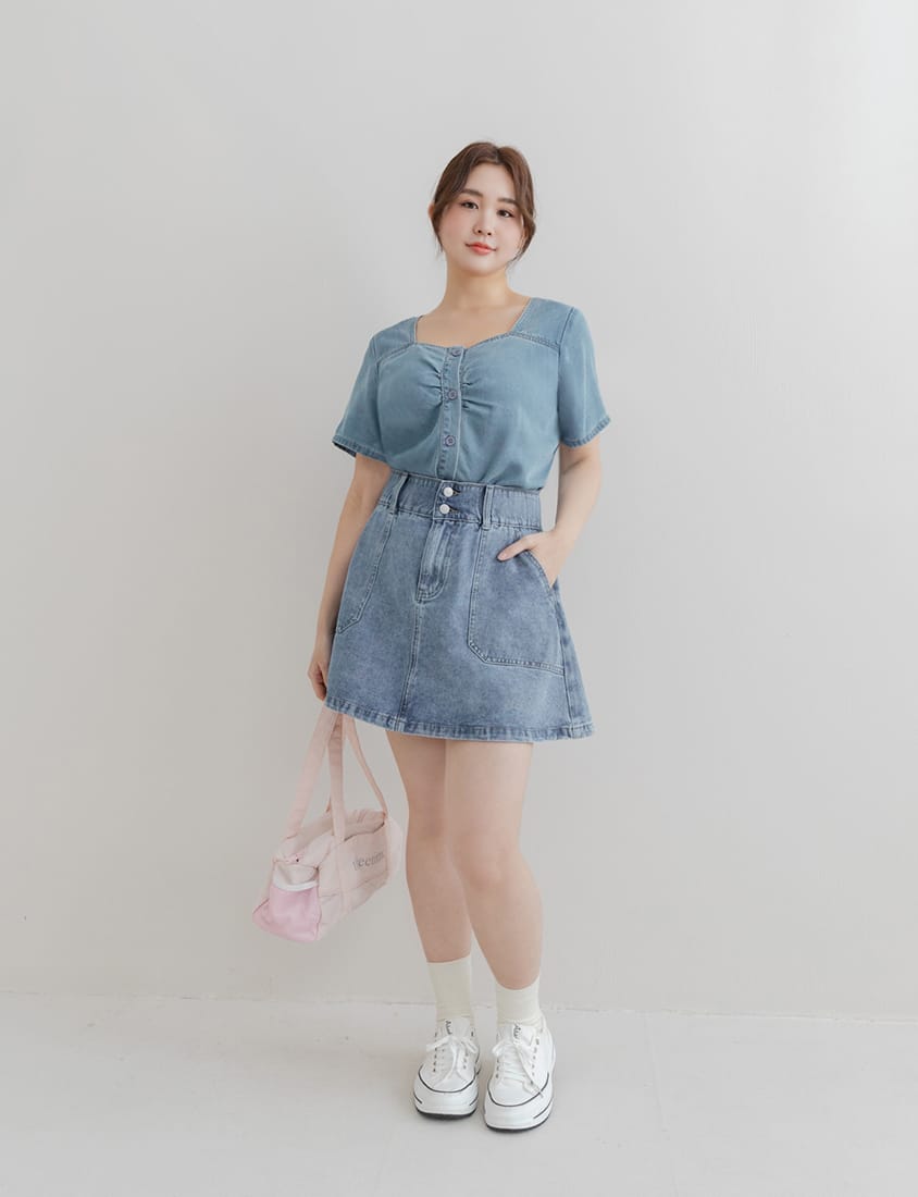 Front Ruched Button-Up Plus Size Denim Top