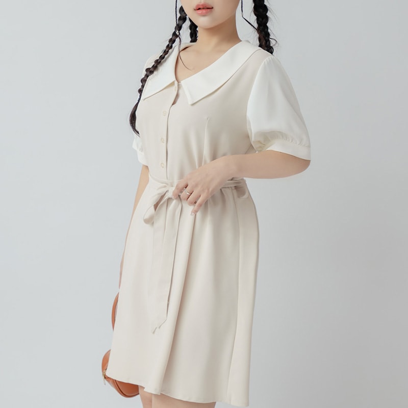 Layered-Look Contrast Collar Plus Size Mini Dress (with Belt)