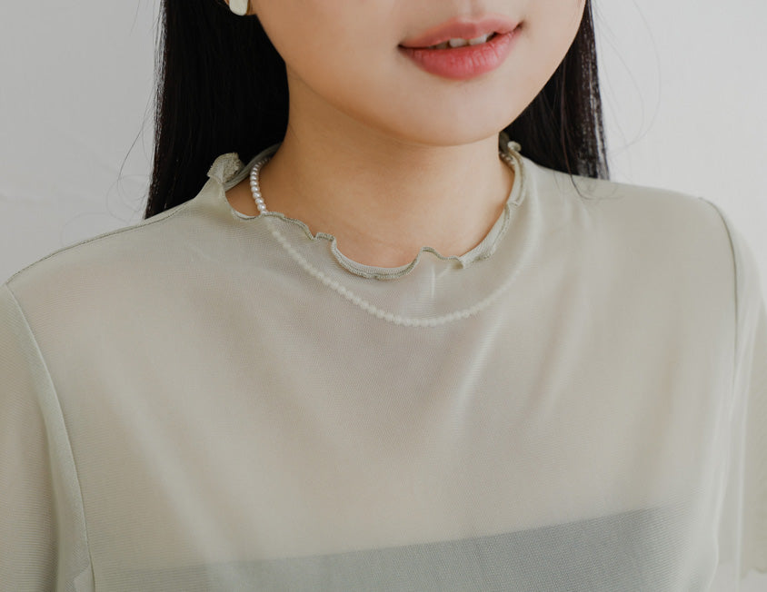 MISS. Sheer Wavy Edge Korean Style Plus Size Short Sleeve Top