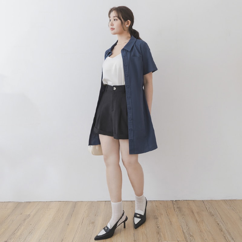 MISS. Korean-Style Button-Front Contrast Stitch Plus Size Dress (with Waist Tie)