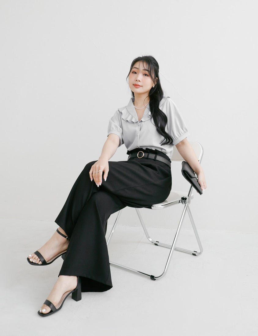 MISS. High-Waisted Bubble Hem Wrinkle-Free Belted Plus Size Wide-Leg Pants