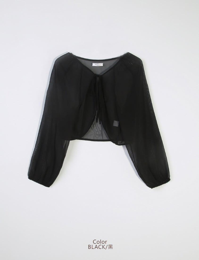 Japanese Style Puff Sleeve Tie Sheer Cropped Plus Size Cover-Up