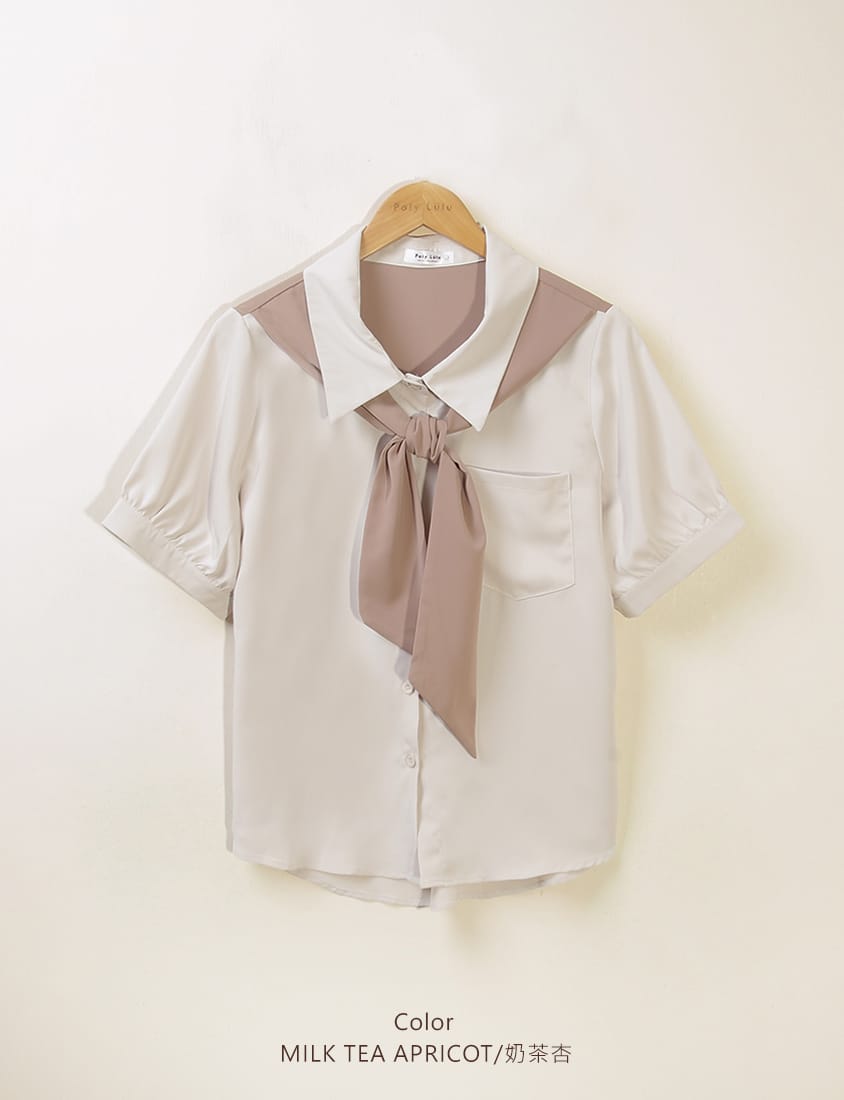 MISS. Faux Two-Piece Color-Block Bow Puff Sleeve Plus Size Blouse