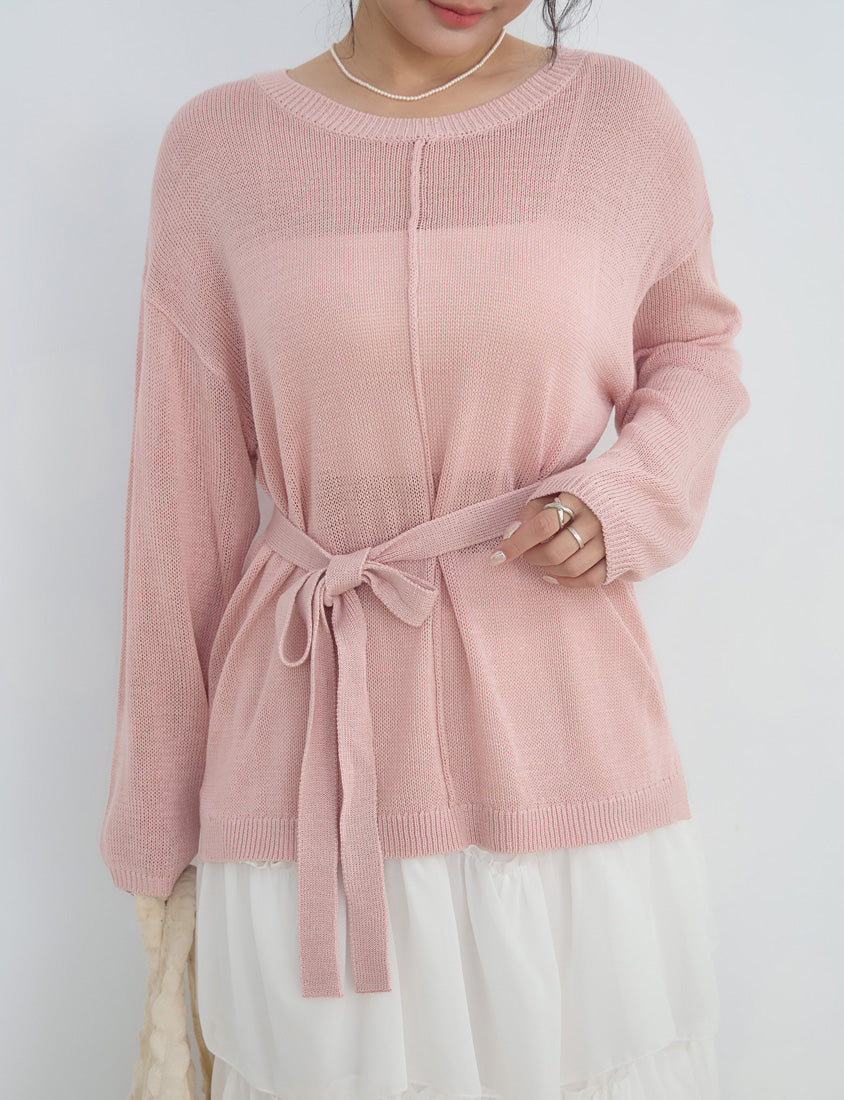 MISS. Korean Sheer Knit Plus Size Long Sleeve Top (with Waist Tie)