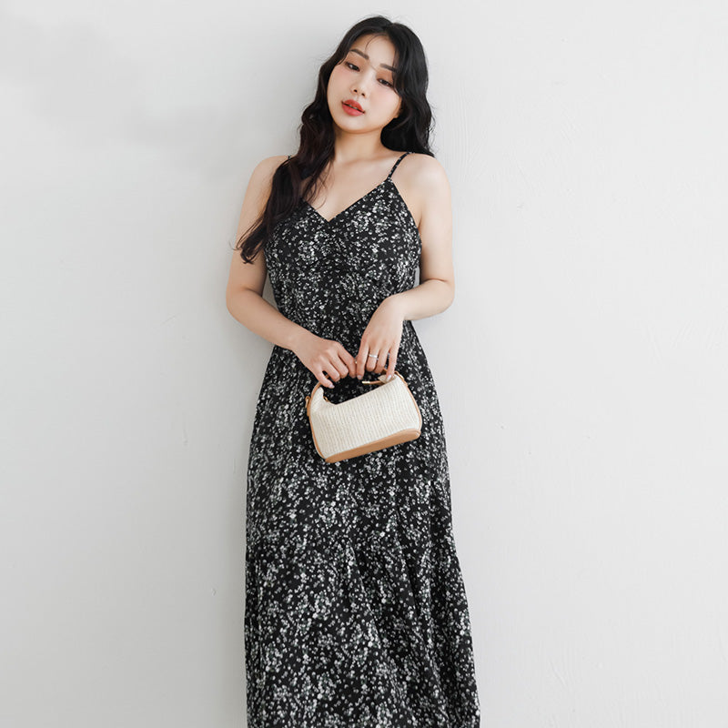Ruched Floral Flared Hem Plus Size Cami Strap Dress
