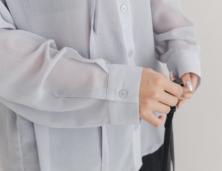 Flowy Crinkled Sheer Plus Size Blouse (With Tie)