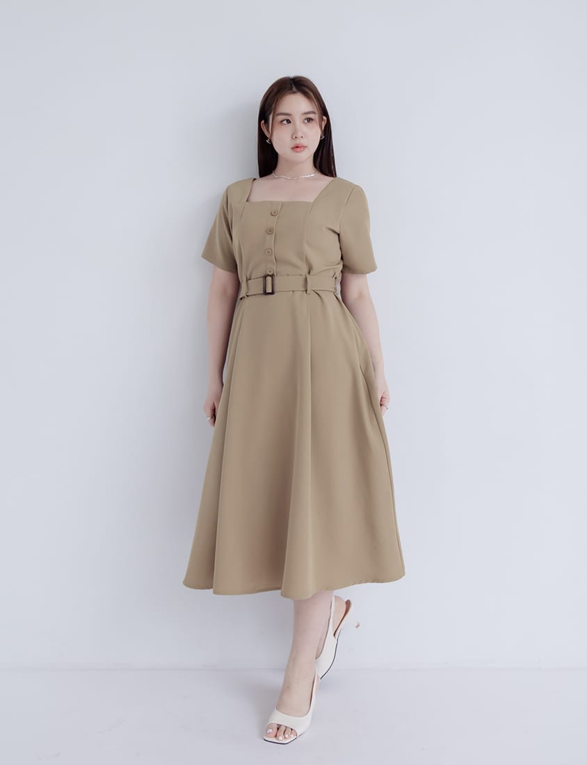 MISS. Square Neck Faux Button Elegant Plus Size Long Dress (With Belt)
