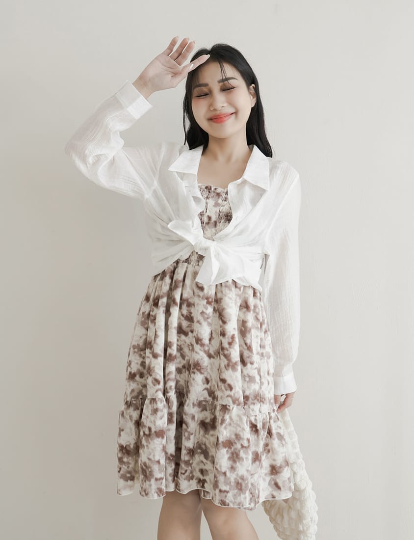 Crinkled Texture Sheer Tie-Back Plus Size Long Sleeve Shirt