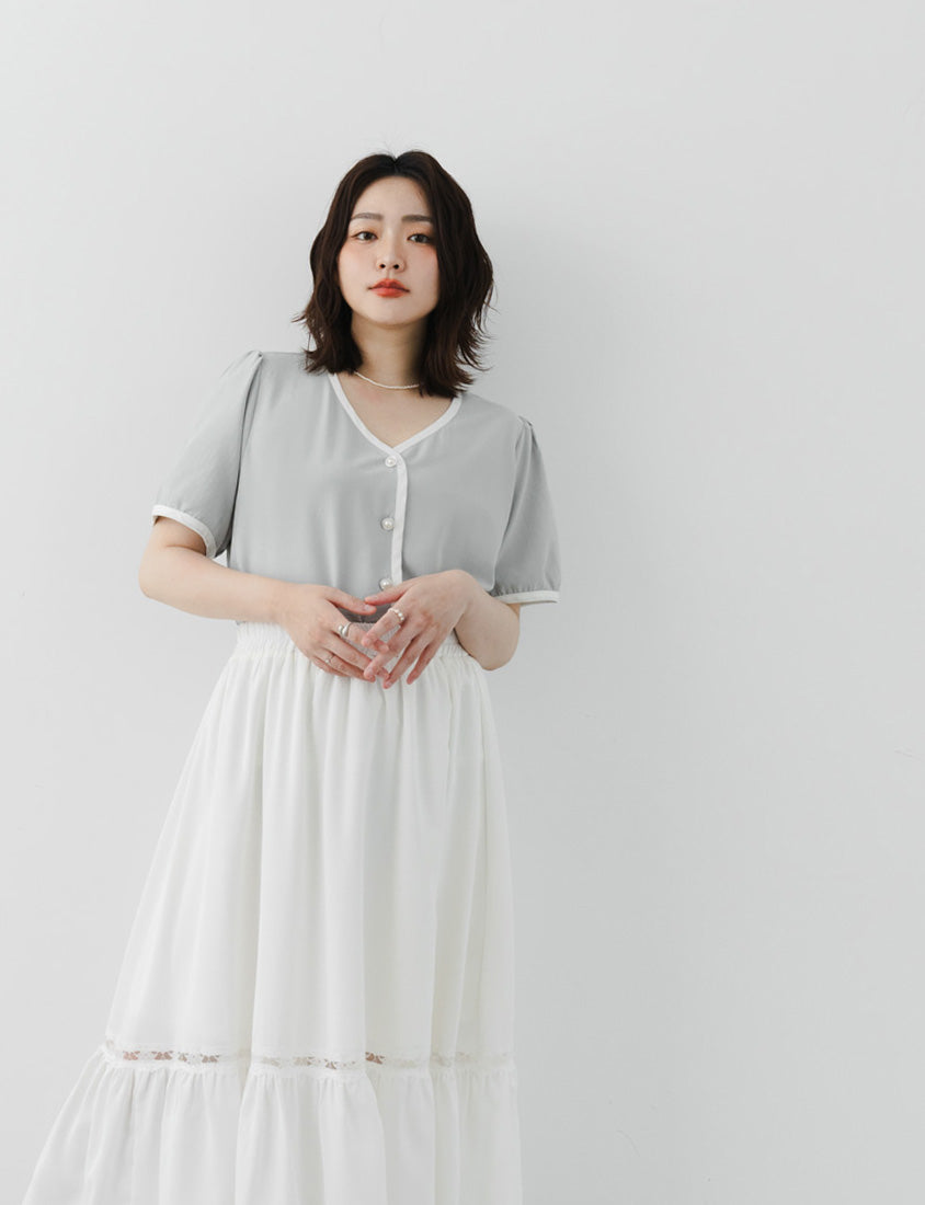MISS. Elegant Contrast Trim Pearl Button Plus Size Top
