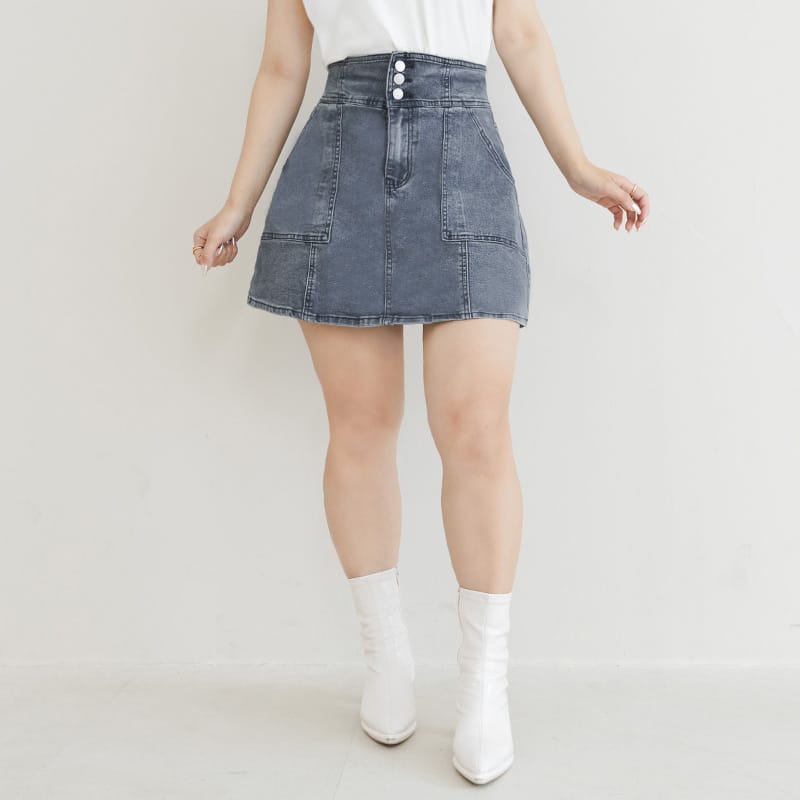 MUA! Ultra Stretch High Waist Washed Denim Plus Size Mini Skirt (With Pants)