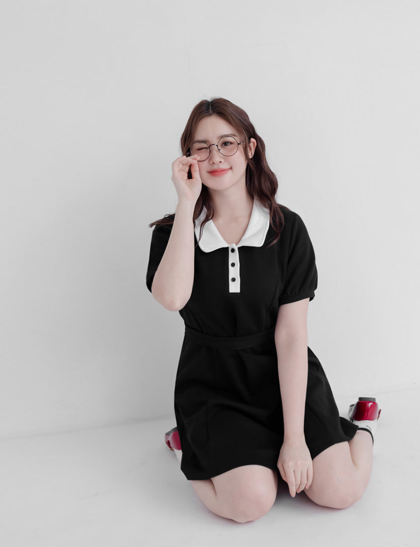 Color-Block Polo Collar Plus Size Mini Dress (With Belt)