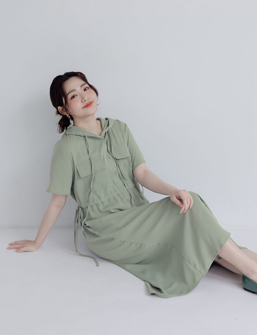 Cargo Hooded Button-Up Plus Size Maxi Dress