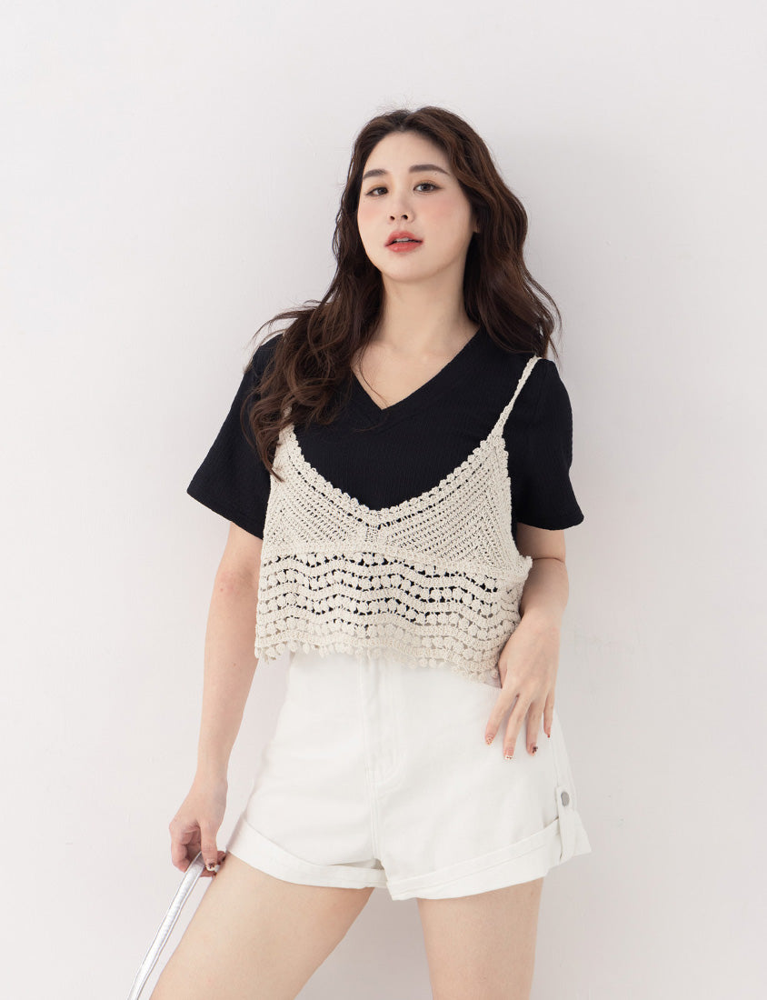Crinkled Textured Two-Piece Hollow Plus Size Cami Top (with Inner Tank)