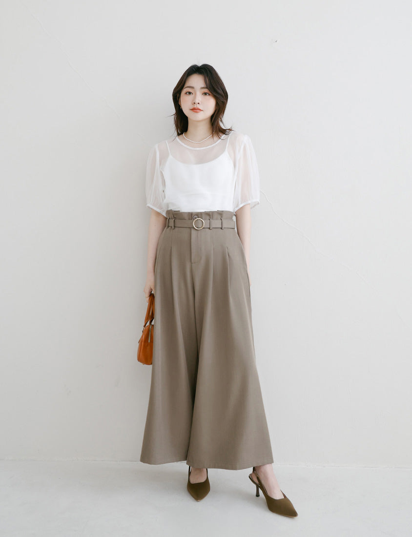 MISS. High-Waisted Bubble Hem Wrinkle-Free Belted Plus Size Wide-Leg Pants