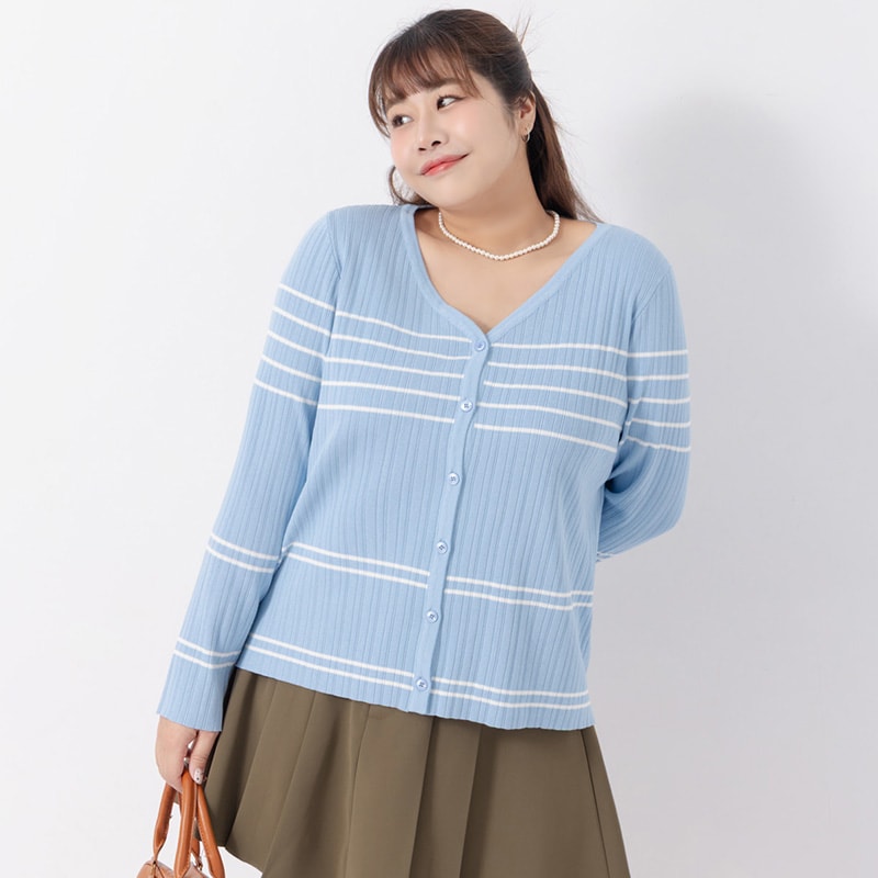 MISS. Contrast Stripe Ice Silk Plus Size Knit Cardigan
