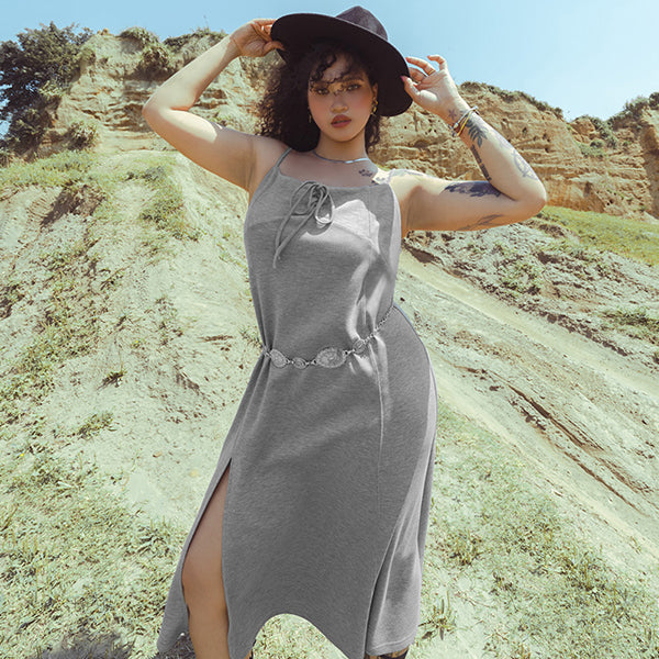 MUA! Space Cotton Adjustable Front Tie Side Slit Plus-Size Dress