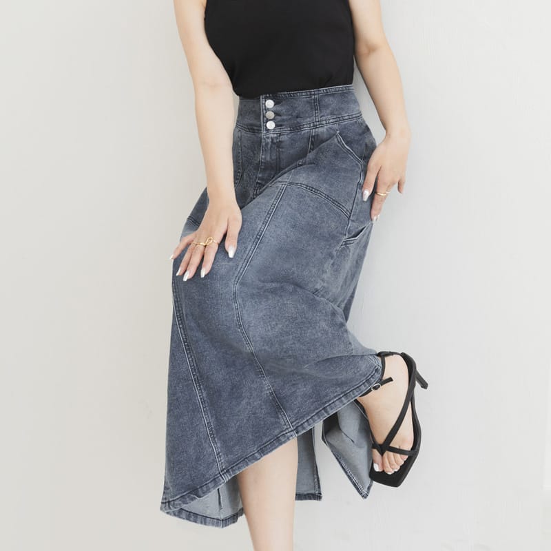 MUA! Ultra-Stretch Back Slit High-Waist Washed Denim Plus Size Maxi Skirt