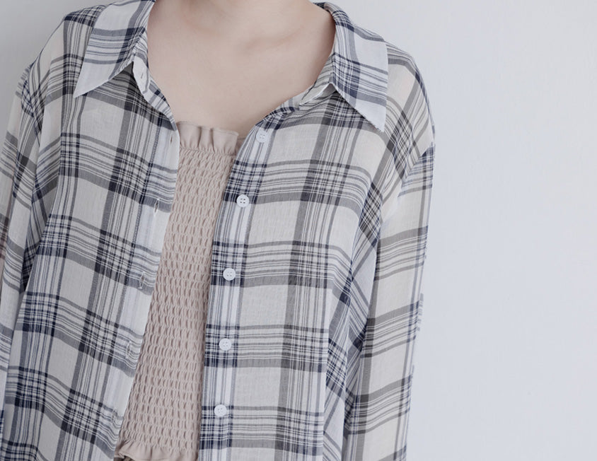 Crinkled Texture Sheer Plaid Plus Size Long Sleeve Shirt