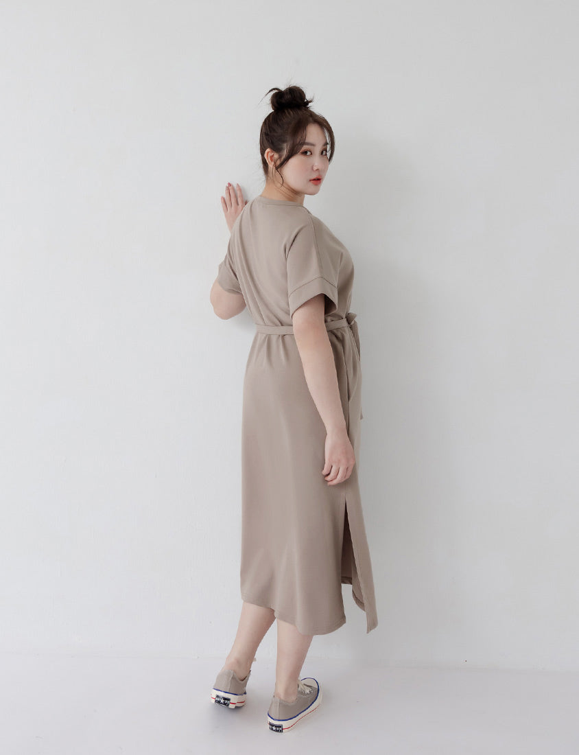 Casual Crew Neck Waist Tie Plus Size Maxi Dress