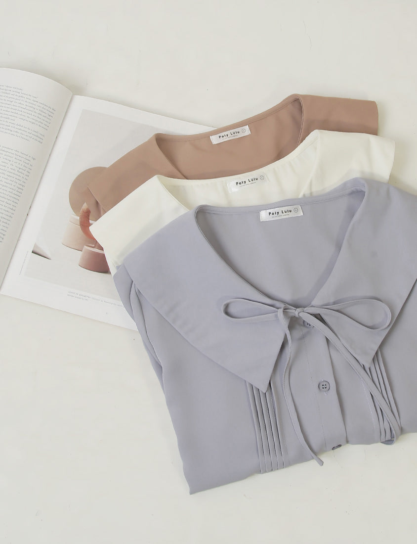 MISS. Sweet Pleated Lapel Collar Plus Size Puff Sleeve Blouse