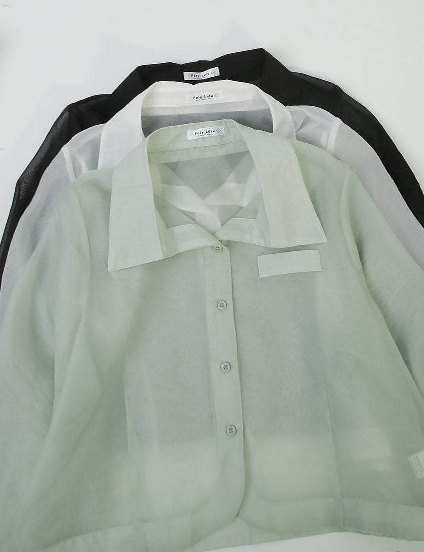 MISS. Faux Pockets Sheer Plus Size Cropped Shirt