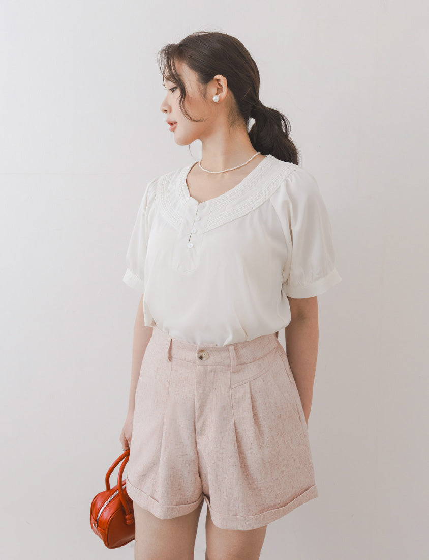 MISS. V-Neck Lace Embroidered Plus Size Puff Sleeve Top